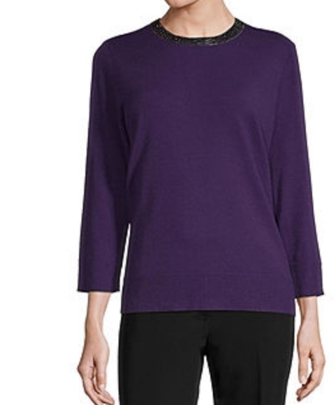 𝅺liz Claiborne Purple Jewel Neck 3/4 Sleeve Sweater - Picture 1 of 6